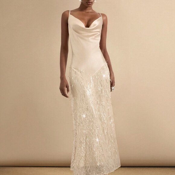 Beige Party Women's Plunging Neck Dress With Sequin Fringe Trim - Picture 4 of 7